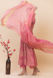 Chikankari Tissue Angrakha Set - Dusty Pink