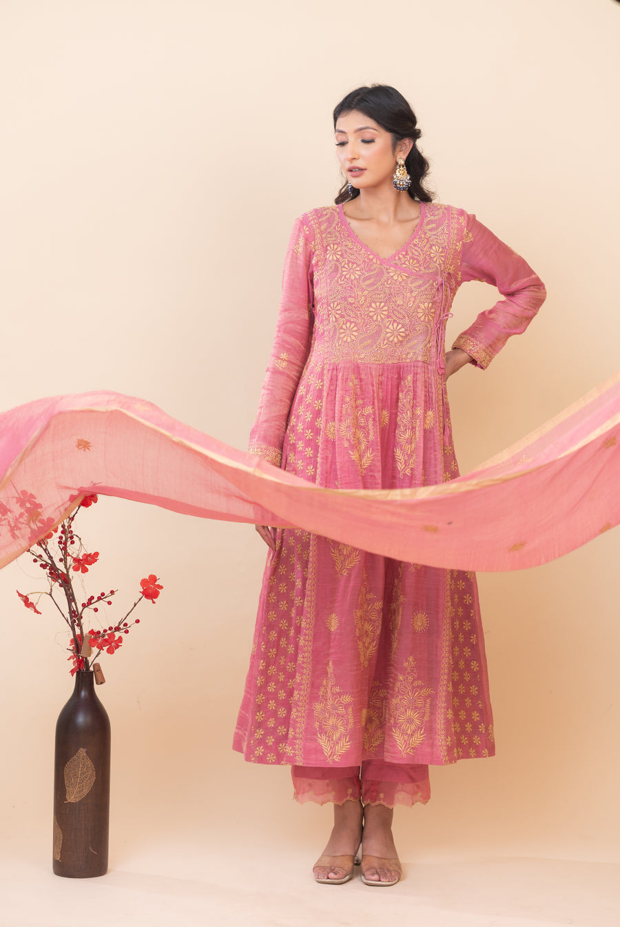 Chikankari Tissue Angrakha Set - Dusty Pink