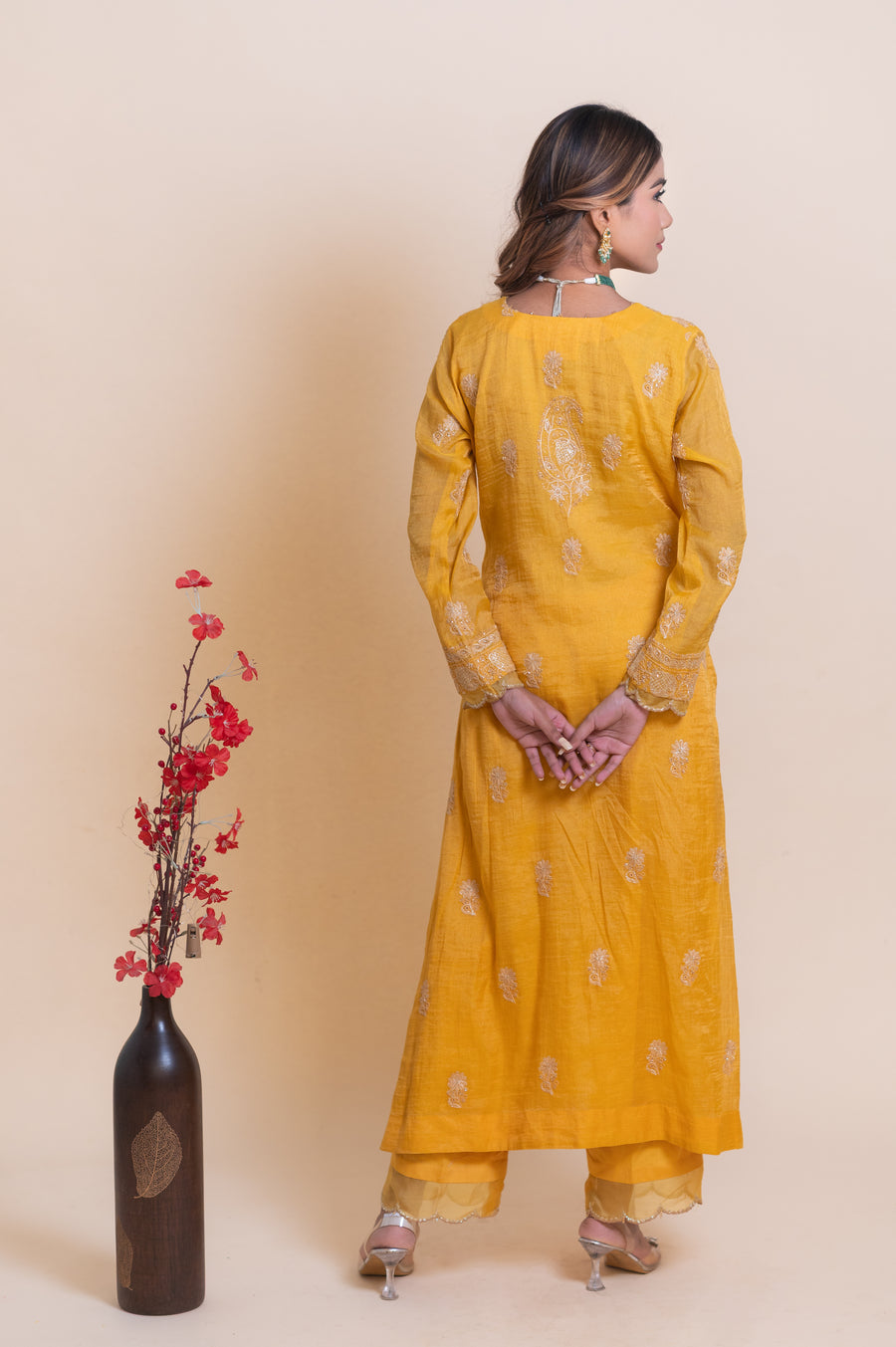 Chikankari Tissue Straight Suit Set - Mustard Yellow