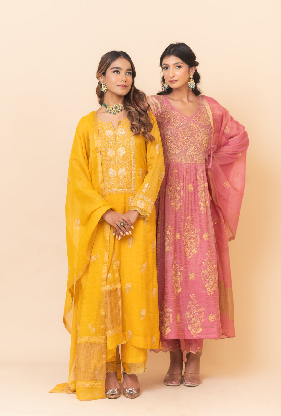 Chikankari Tissue Straight Suit Set - Mustard Yellow