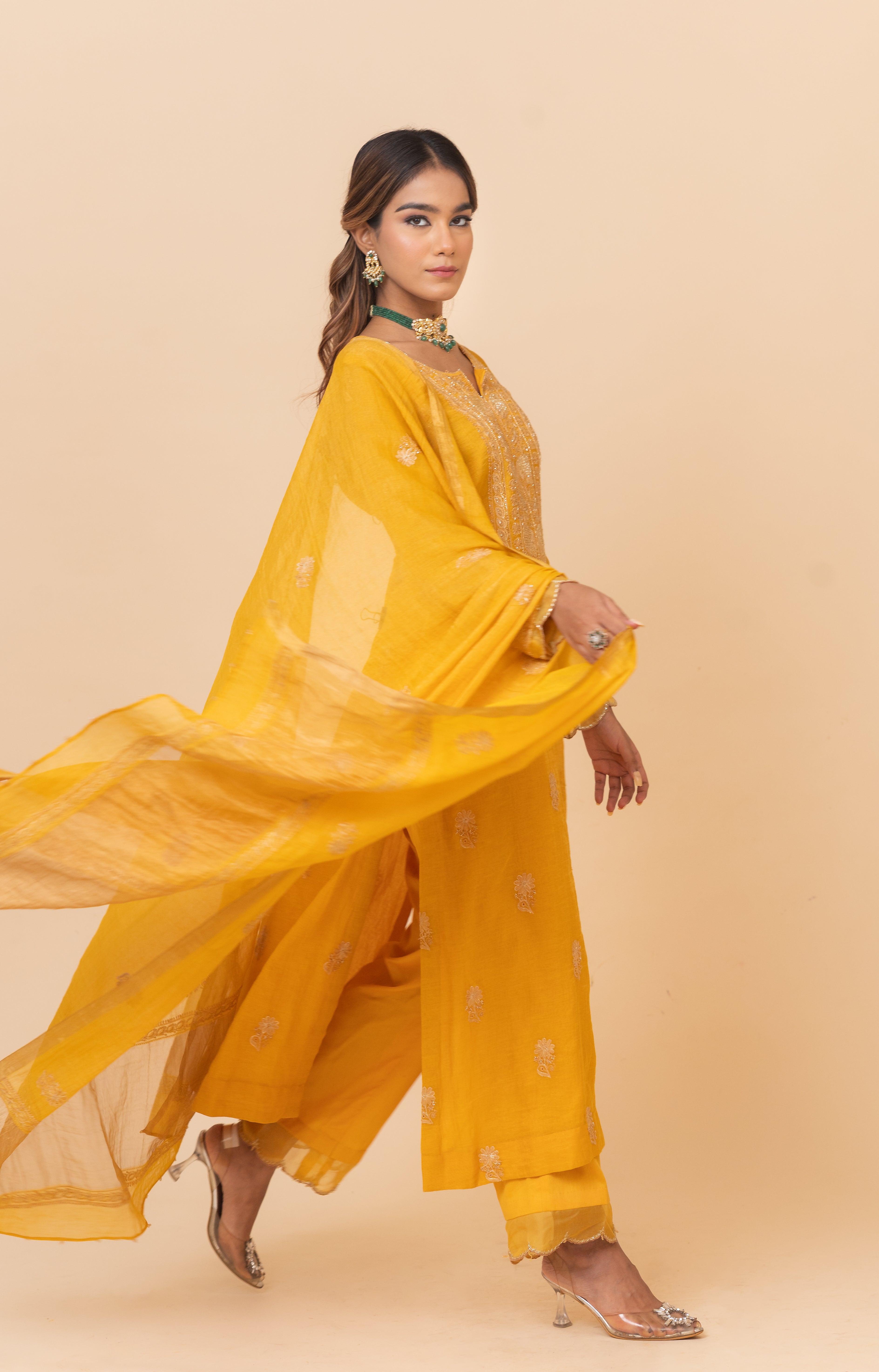 Chikankari Tissue Straight Suit Set - Mustard Yellow