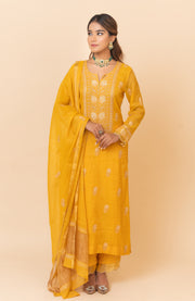 Chikankari Tissue Straight Suit Set - Mustard Yellow