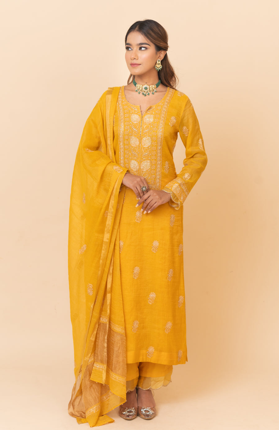 Chikankari Tissue Straight Suit Set - Mustard Yellow