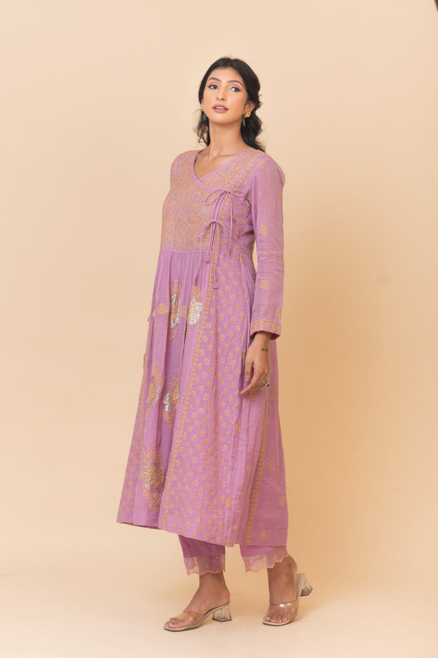 Chikankari Tissue Angrakha Set - Dahlia Purple