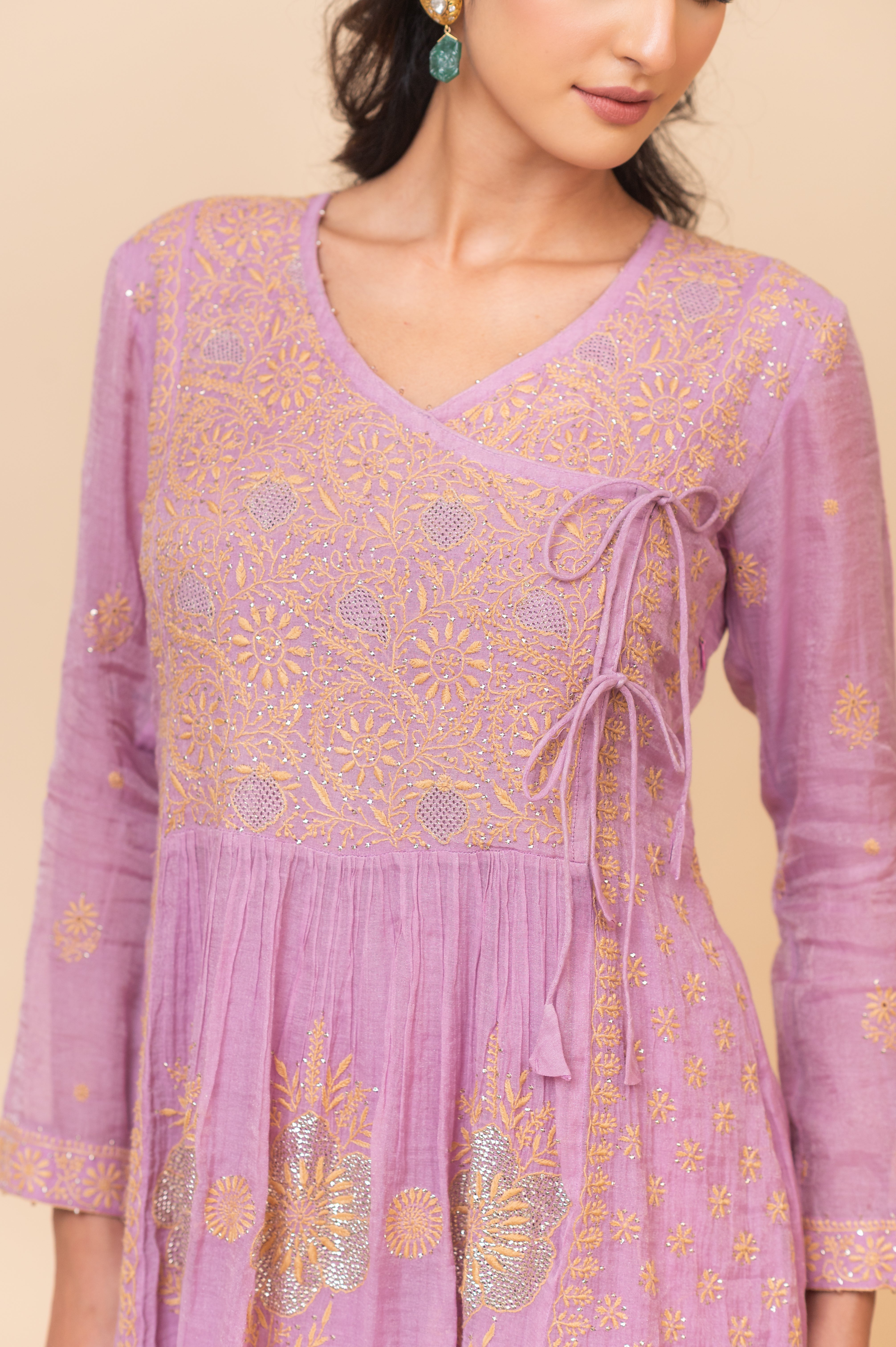 Chikankari Tissue Angrakha Set - Dahlia Purple