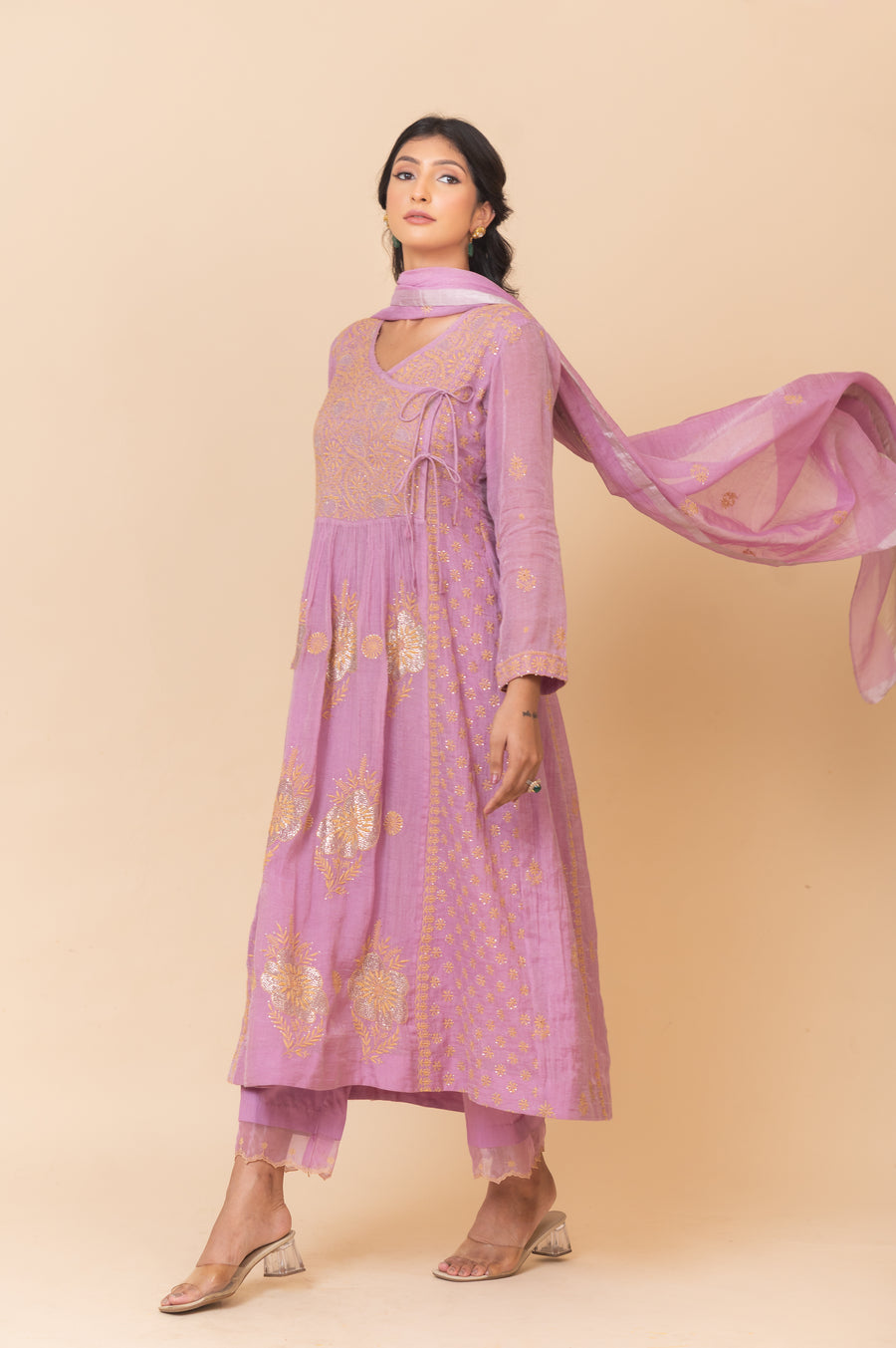 Chikankari Tissue Angrakha Set - Dahlia Purple