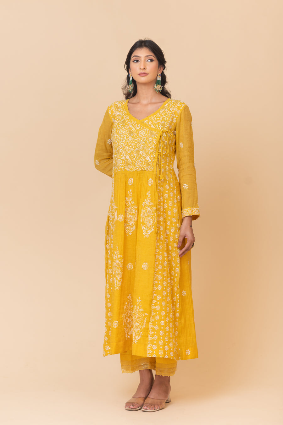 Chikankari Tissue Angrakha Set - Sunshine Yellow
