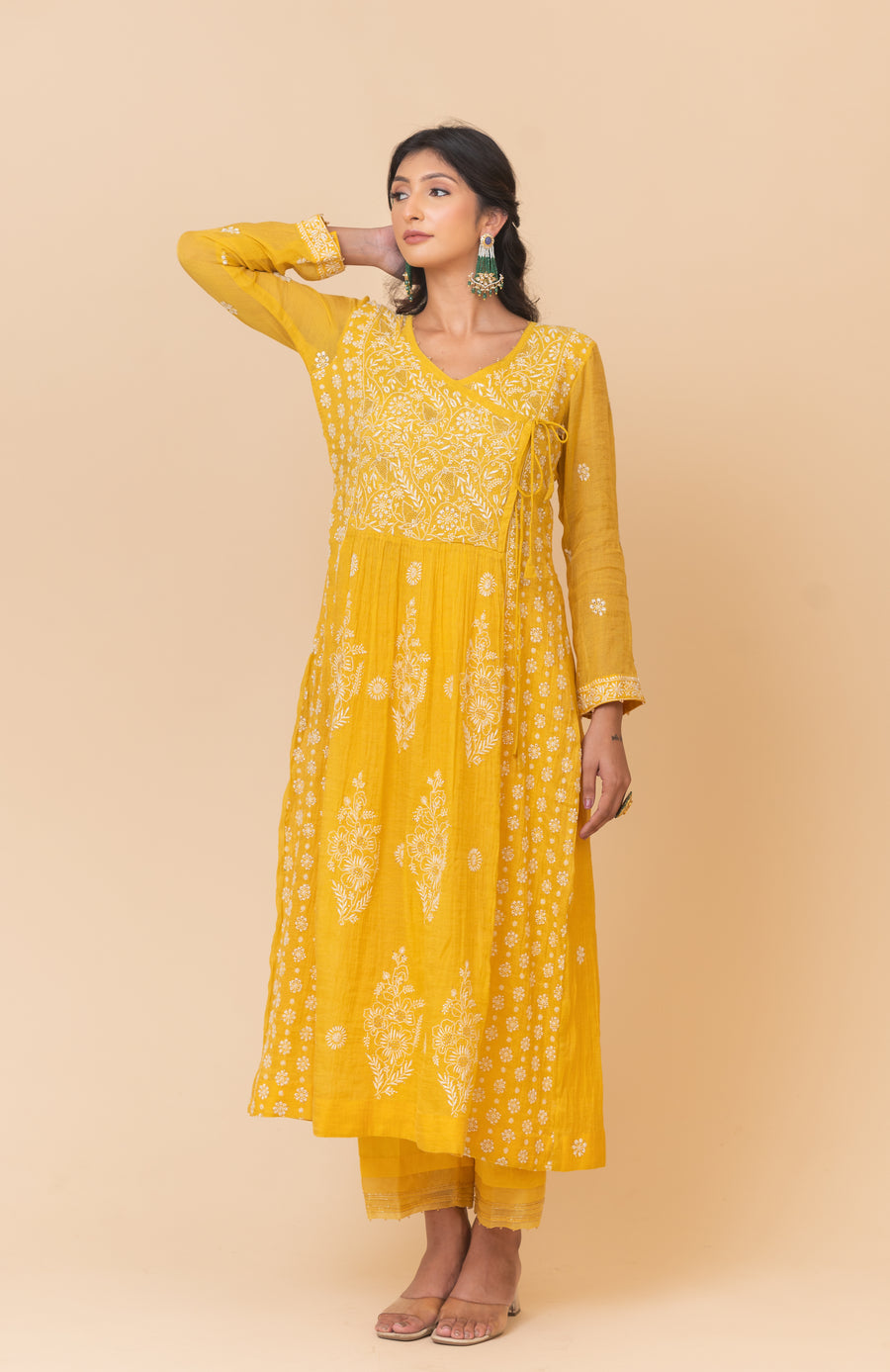 Chikankari Tissue Angrakha Set - Sunshine Yellow