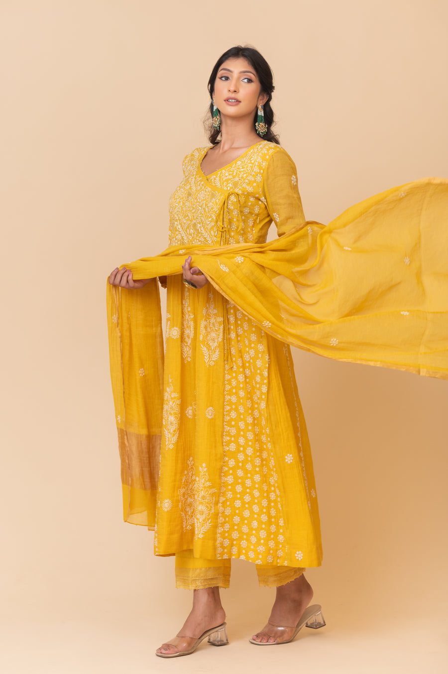Chikankari Tissue Angrakha Set - Sunshine Yellow