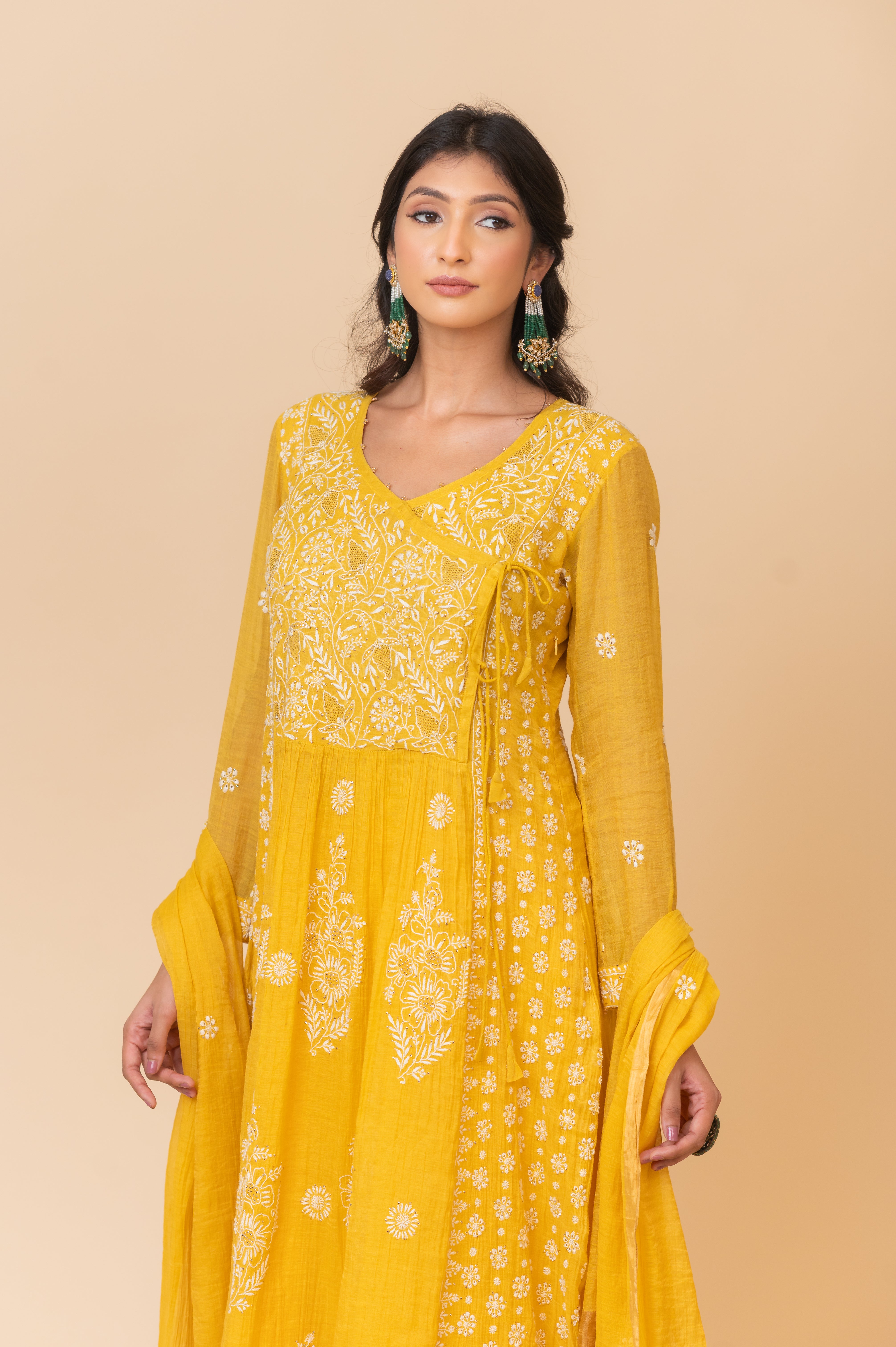 Chikankari Tissue Angrakha Set - Sunshine Yellow