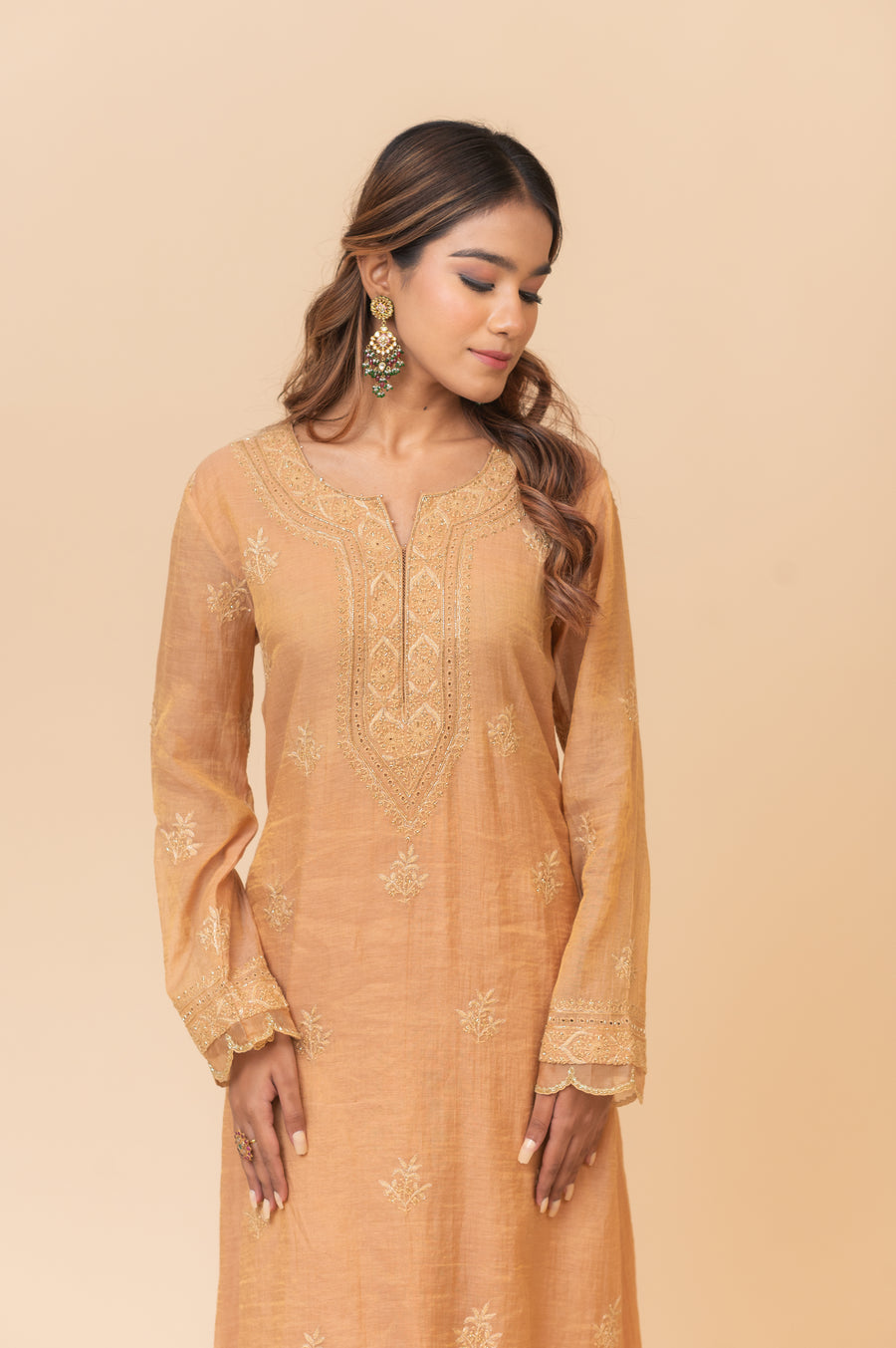 Chikankari A-Line Tissue Suit Set - Rustic Bronze