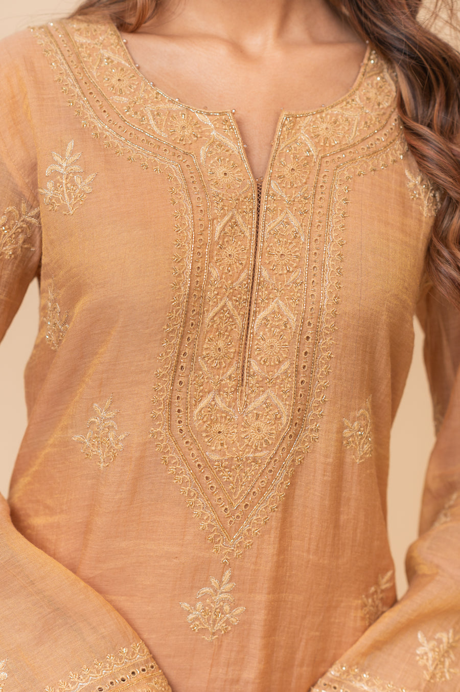 Chikankari A-Line Tissue Suit Set - Rustic Bronze