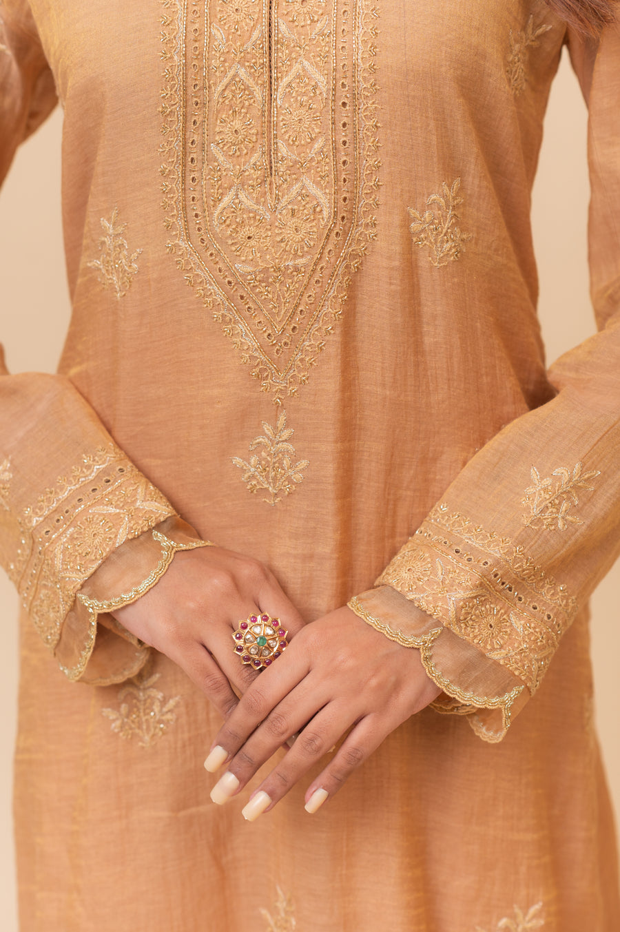 Chikankari A-Line Tissue Suit Set - Rustic Bronze