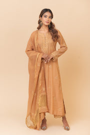 Chikankari A-Line Tissue Suit Set - Rustic Bronze