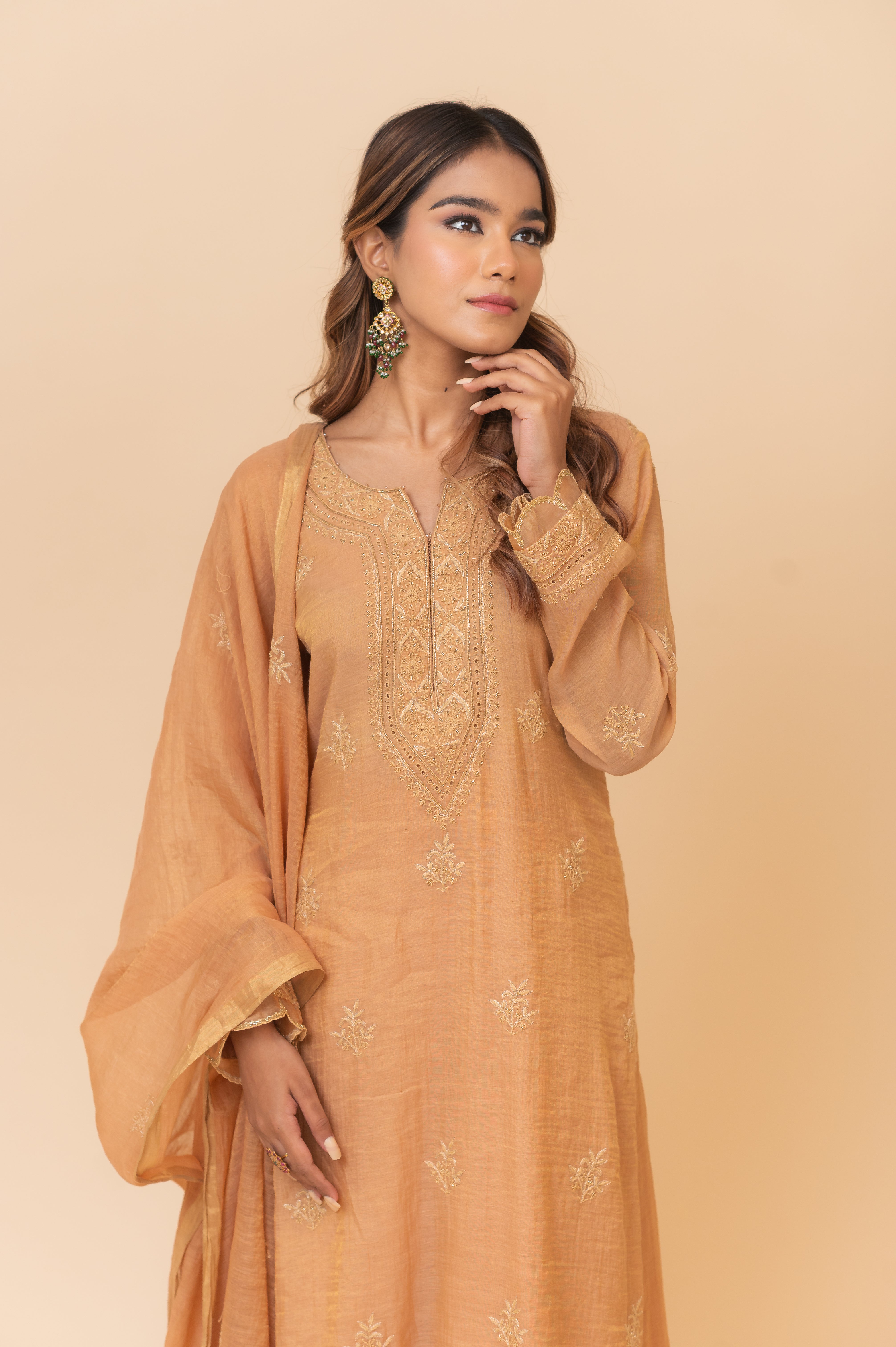 Chikankari A-Line Tissue Suit Set - Rustic Bronze
