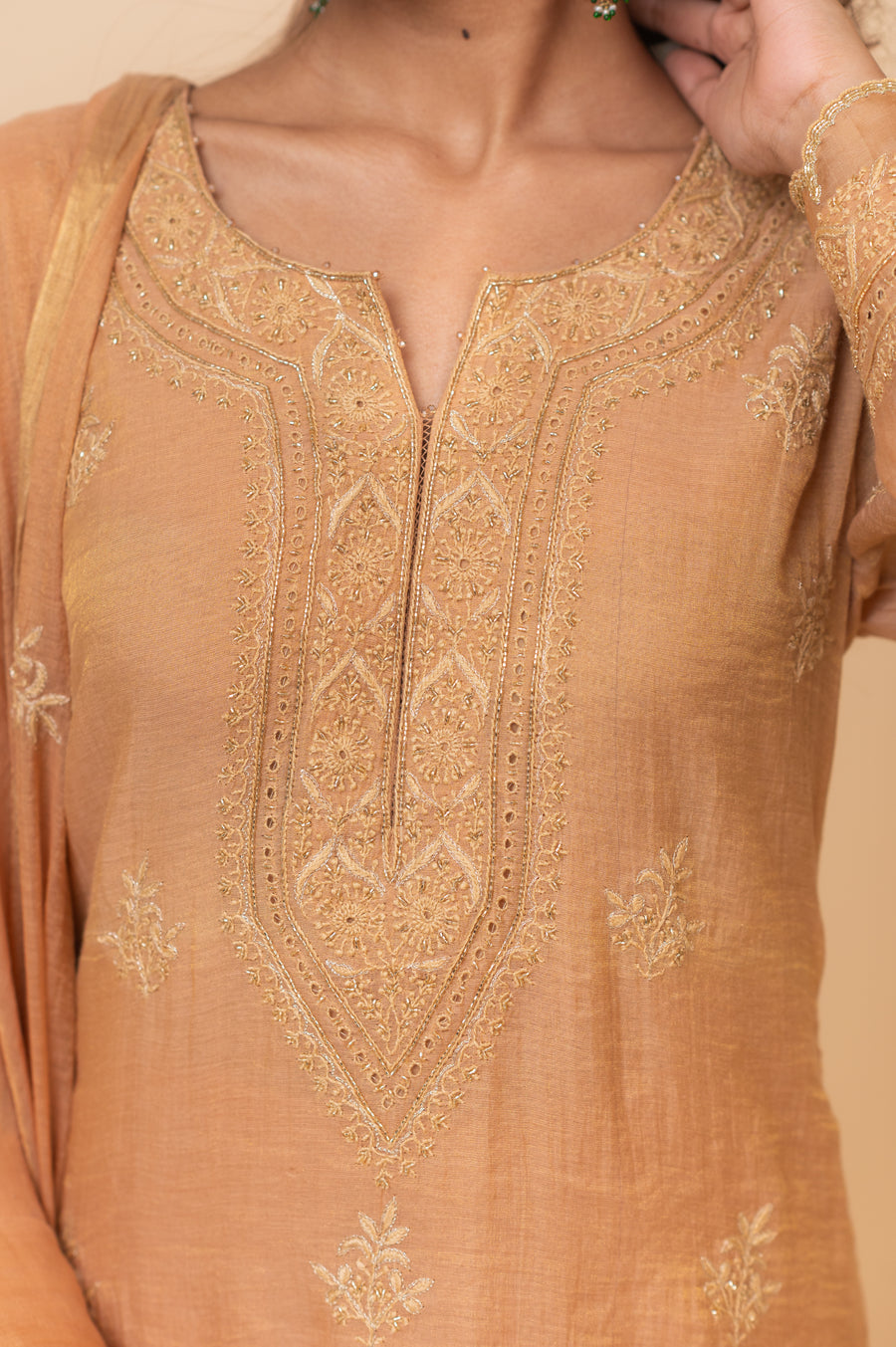 Chikankari A-Line Tissue Suit Set - Rustic Bronze