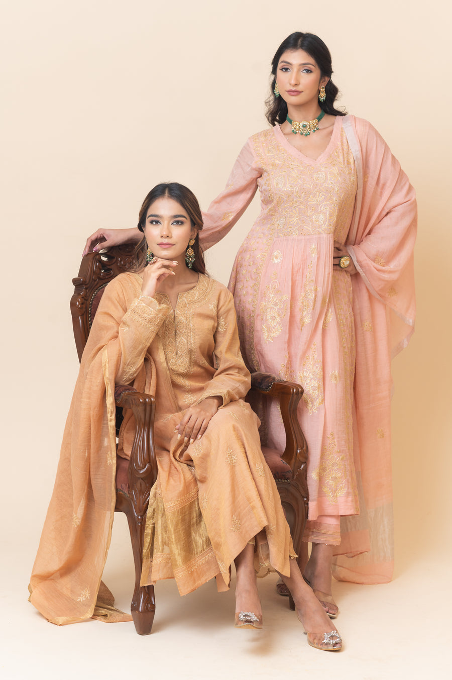 Chikankari A-Line Tissue Suit Set - Rustic Bronze
