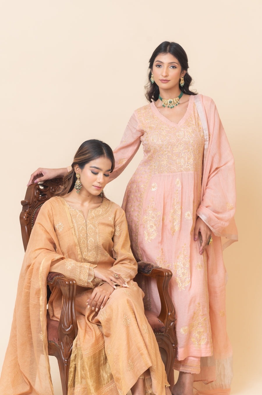 Chikankari A-Line Tissue Suit Set - Rustic Bronze