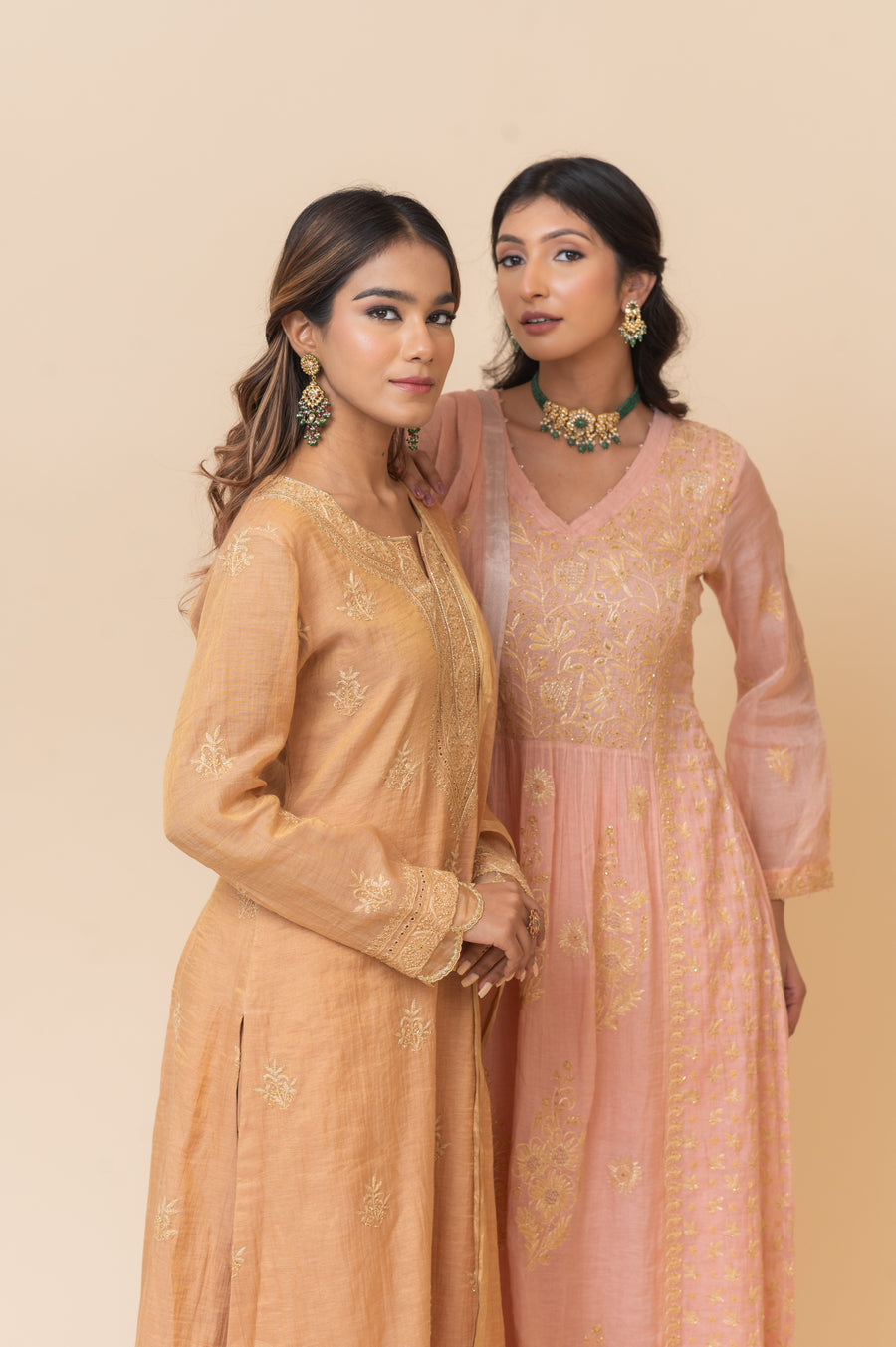 Chikankari A-Line Tissue Suit Set - Rustic Bronze