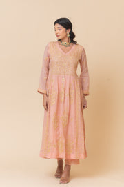 Chikankari A-Line tissue Suit Set - Dusty Pink