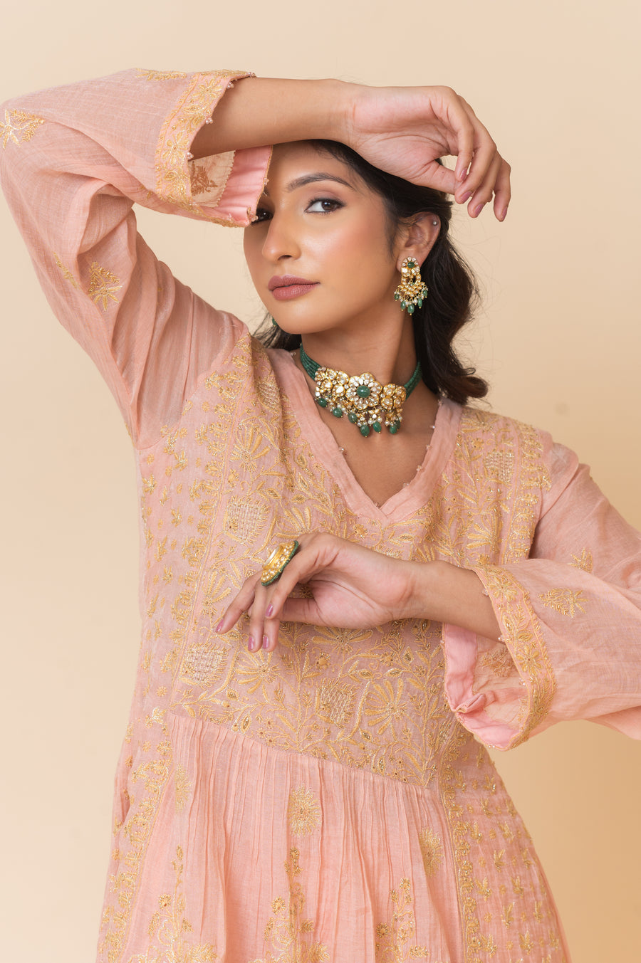Chikankari A-Line tissue Suit Set - Dusty Pink