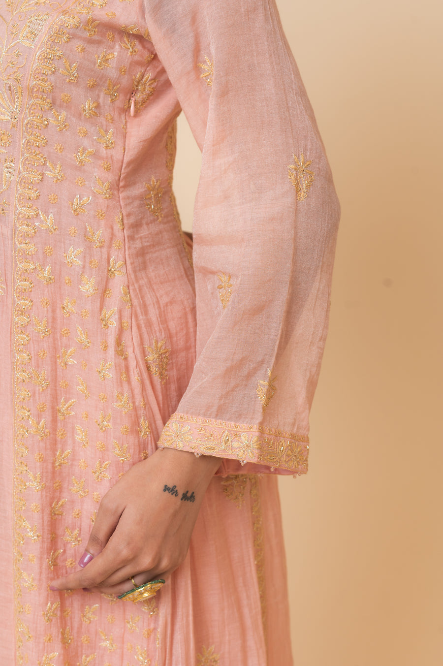 Chikankari A-Line tissue Suit Set - Dusty Pink