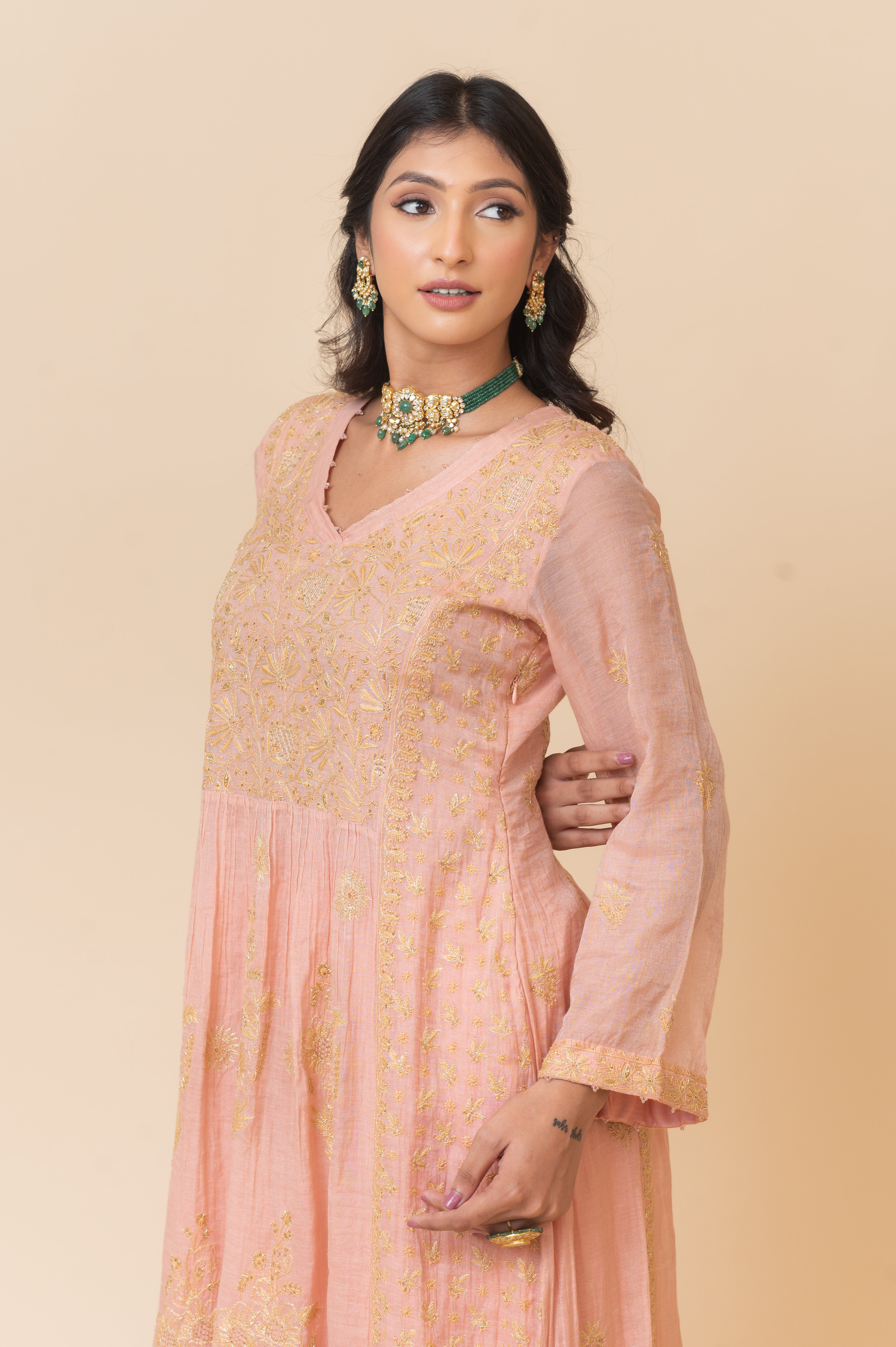 Chikankari A-Line tissue Suit Set - Dusty Pink