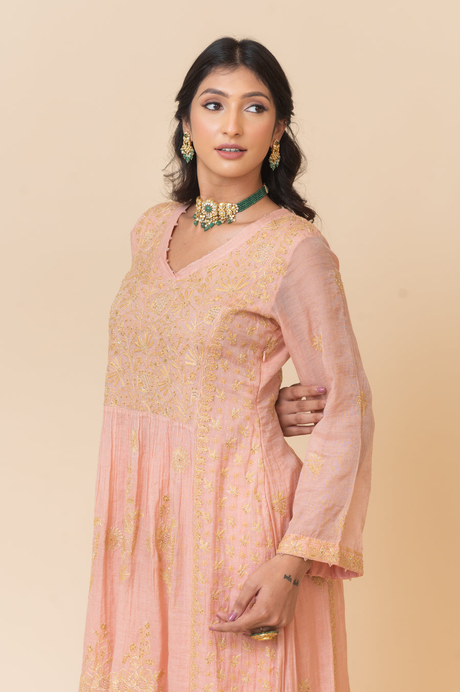 Chikankari A-Line tissue Suit Set - Dusty Pink