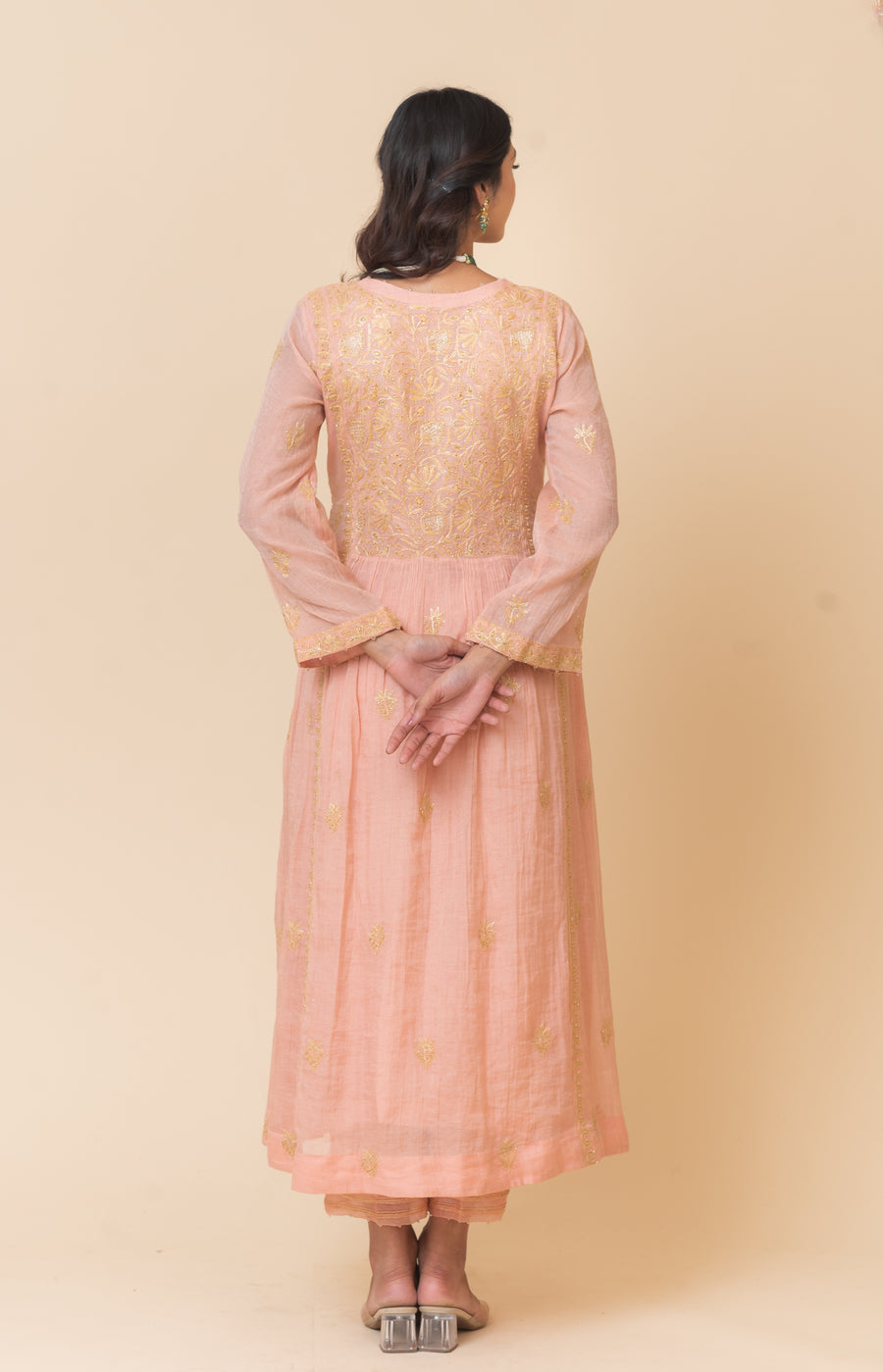 Chikankari A-Line tissue Suit Set - Dusty Pink