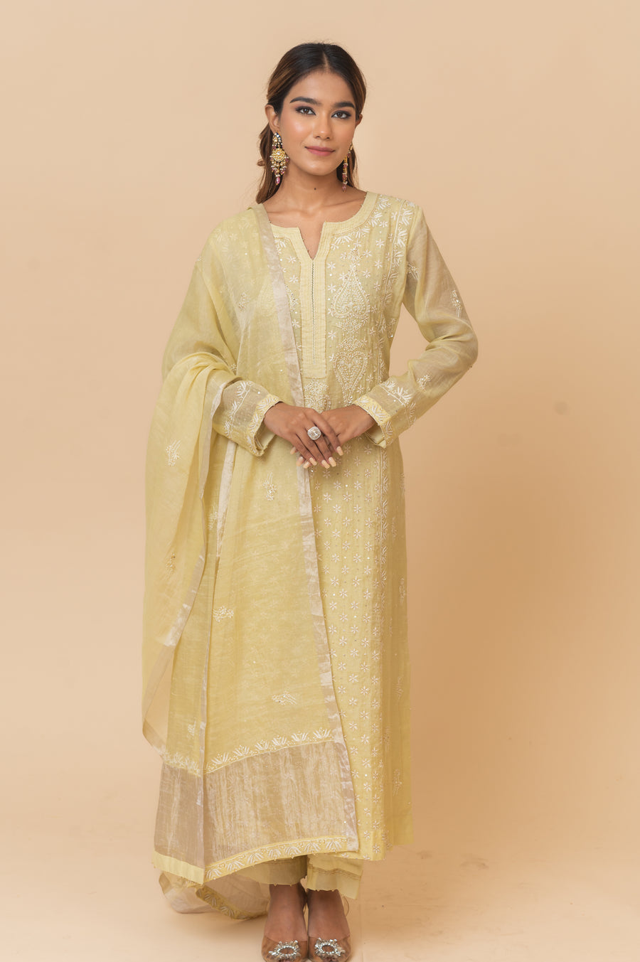 Chikankari Tissue Straight Suit Set - Butter Yellow