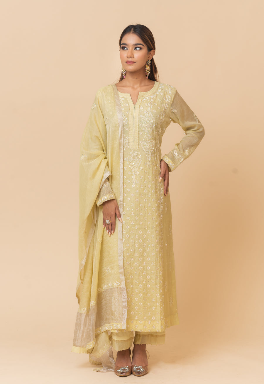Chikankari Tissue Straight Suit Set - Butter Yellow