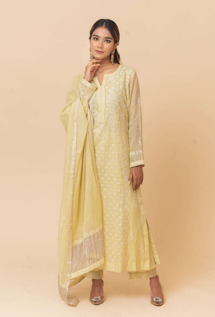 Chikankari Tissue Straight Suit Set - Butter Yellow
