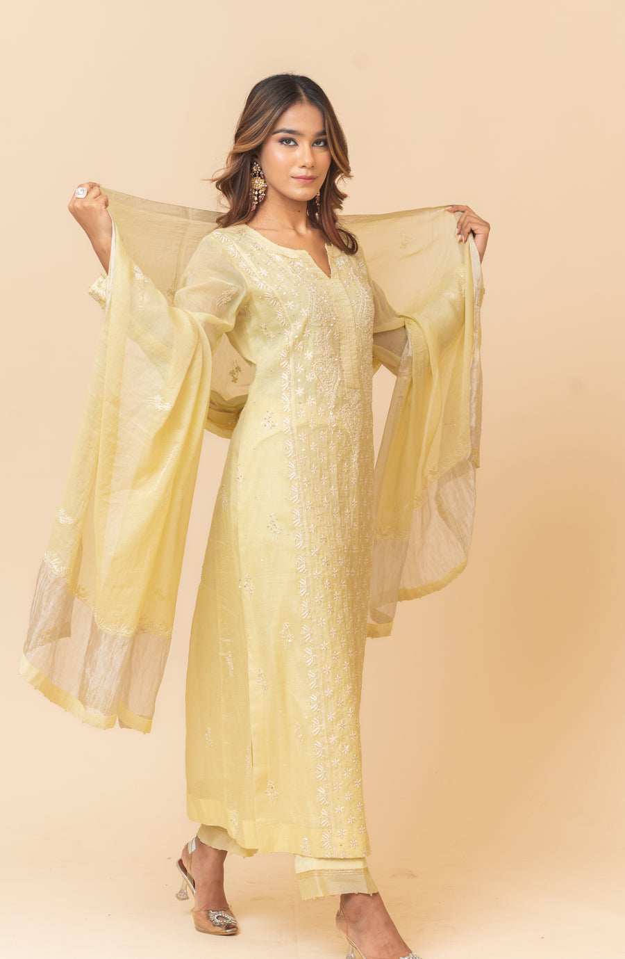 Chikankari Tissue Straight Suit Set - Butter Yellow