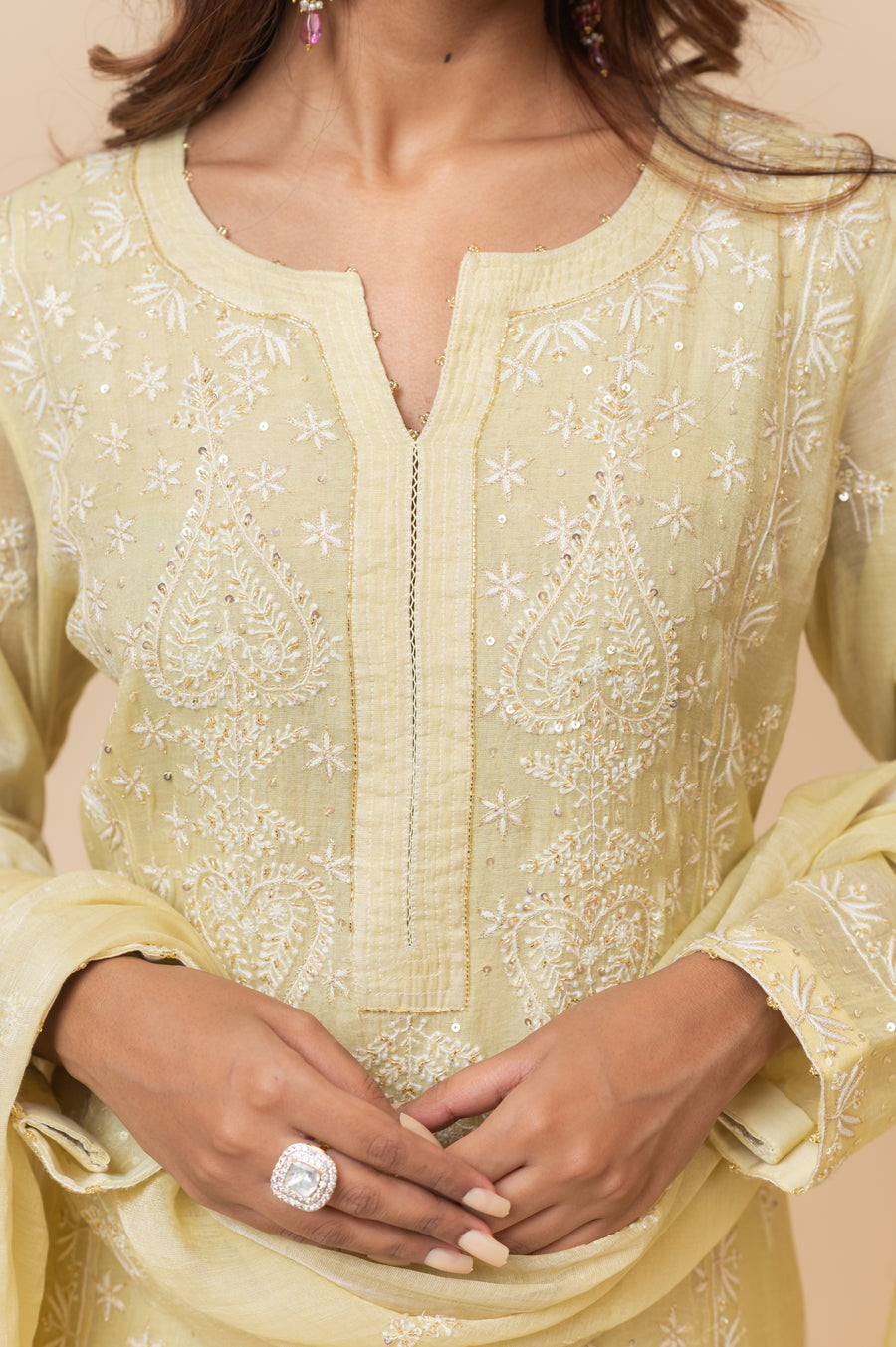 Chikankari Tissue Straight Suit Set - Butter Yellow