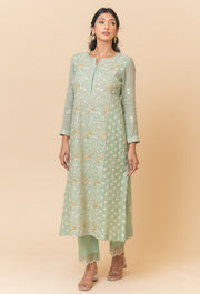 Chikankari Tissue Straight Suit Set - Sage Green