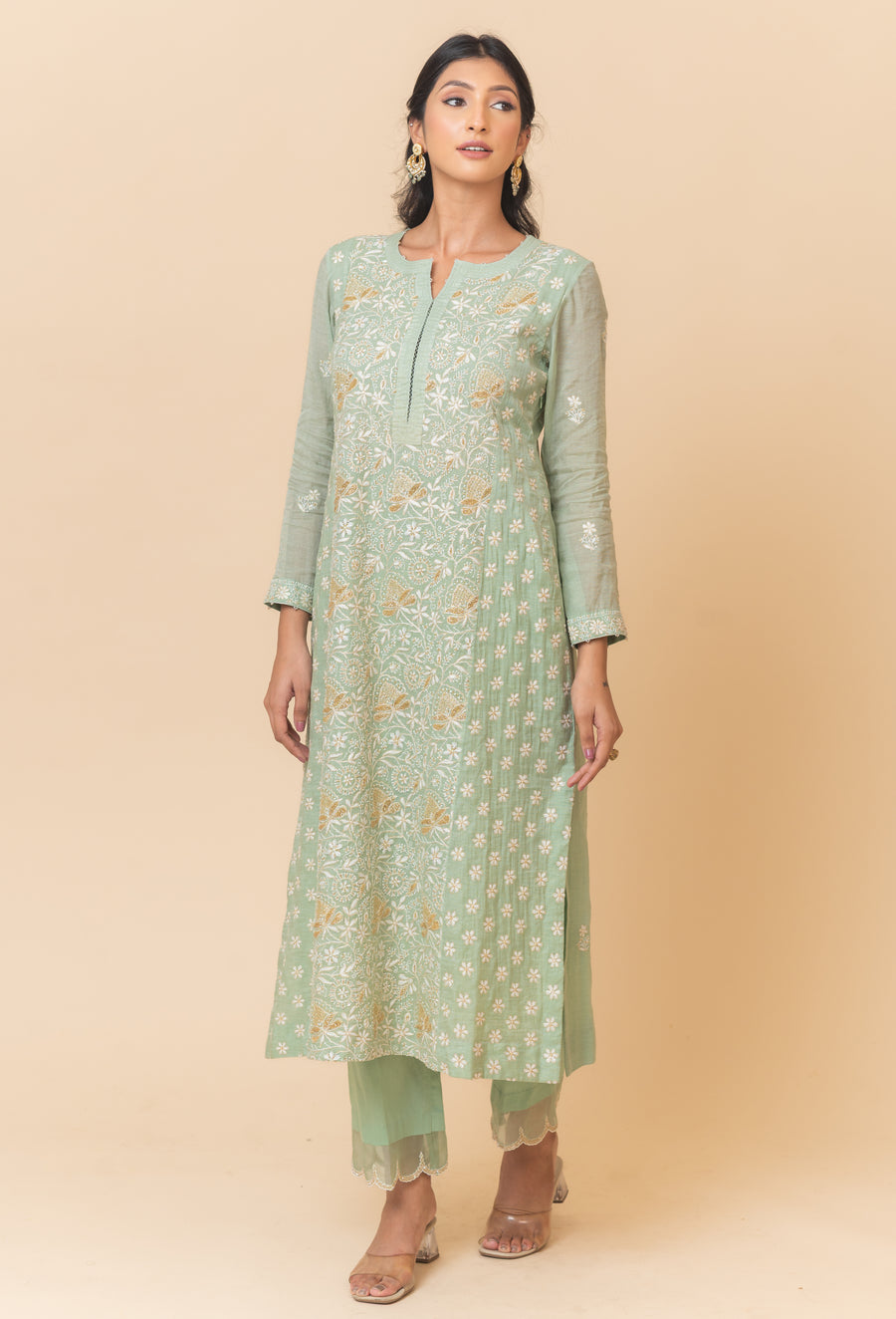 Chikankari Tissue Straight Suit Set - Sage Green