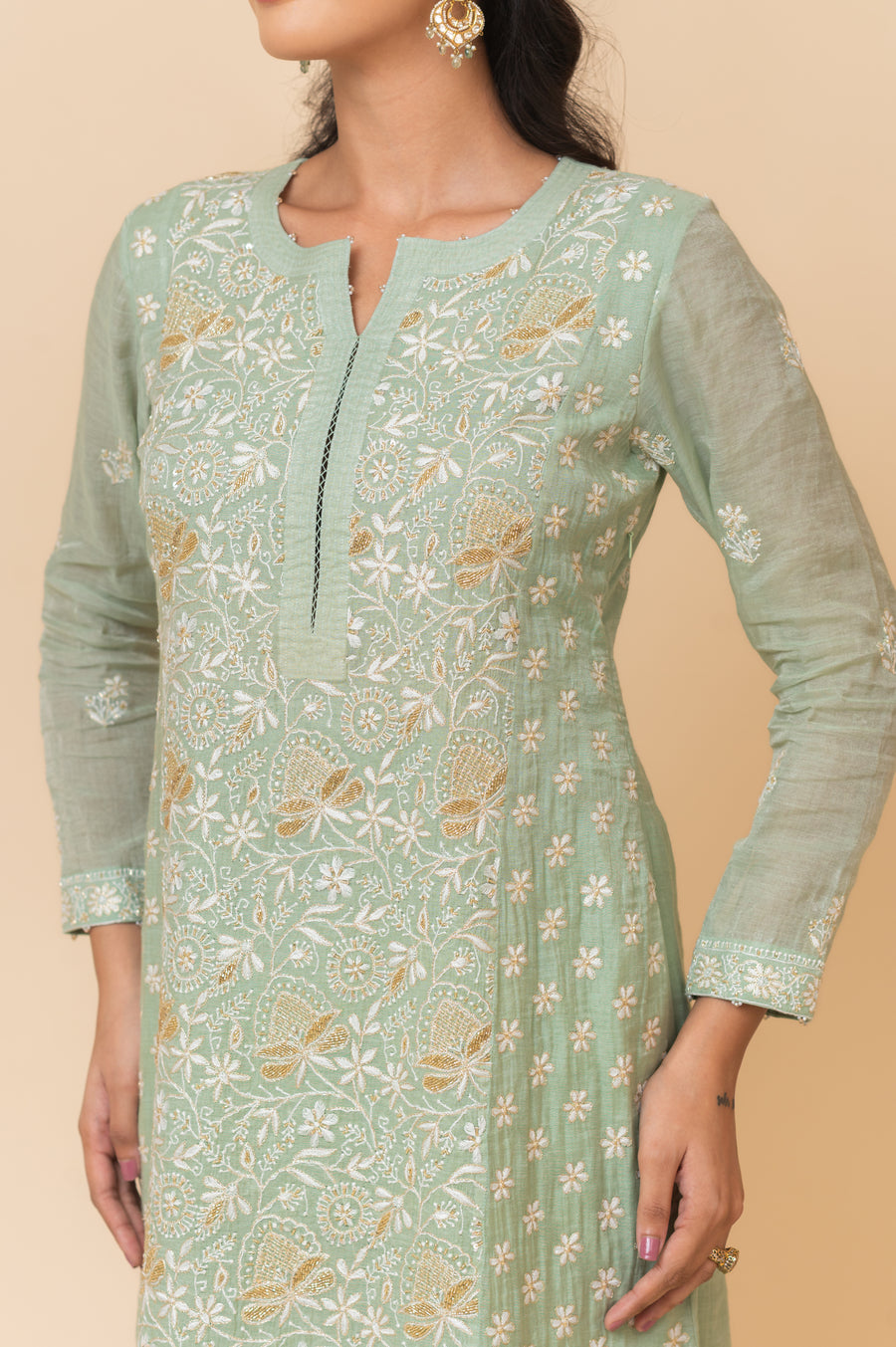 Chikankari Tissue Straight Suit Set - Sage Green