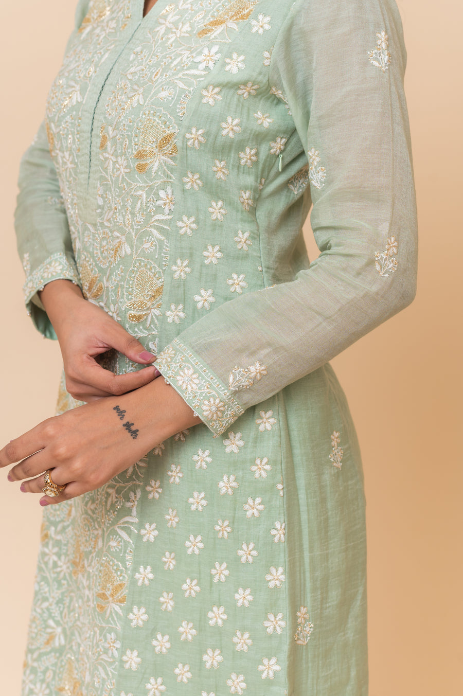 Chikankari Tissue Straight Suit Set - Sage Green