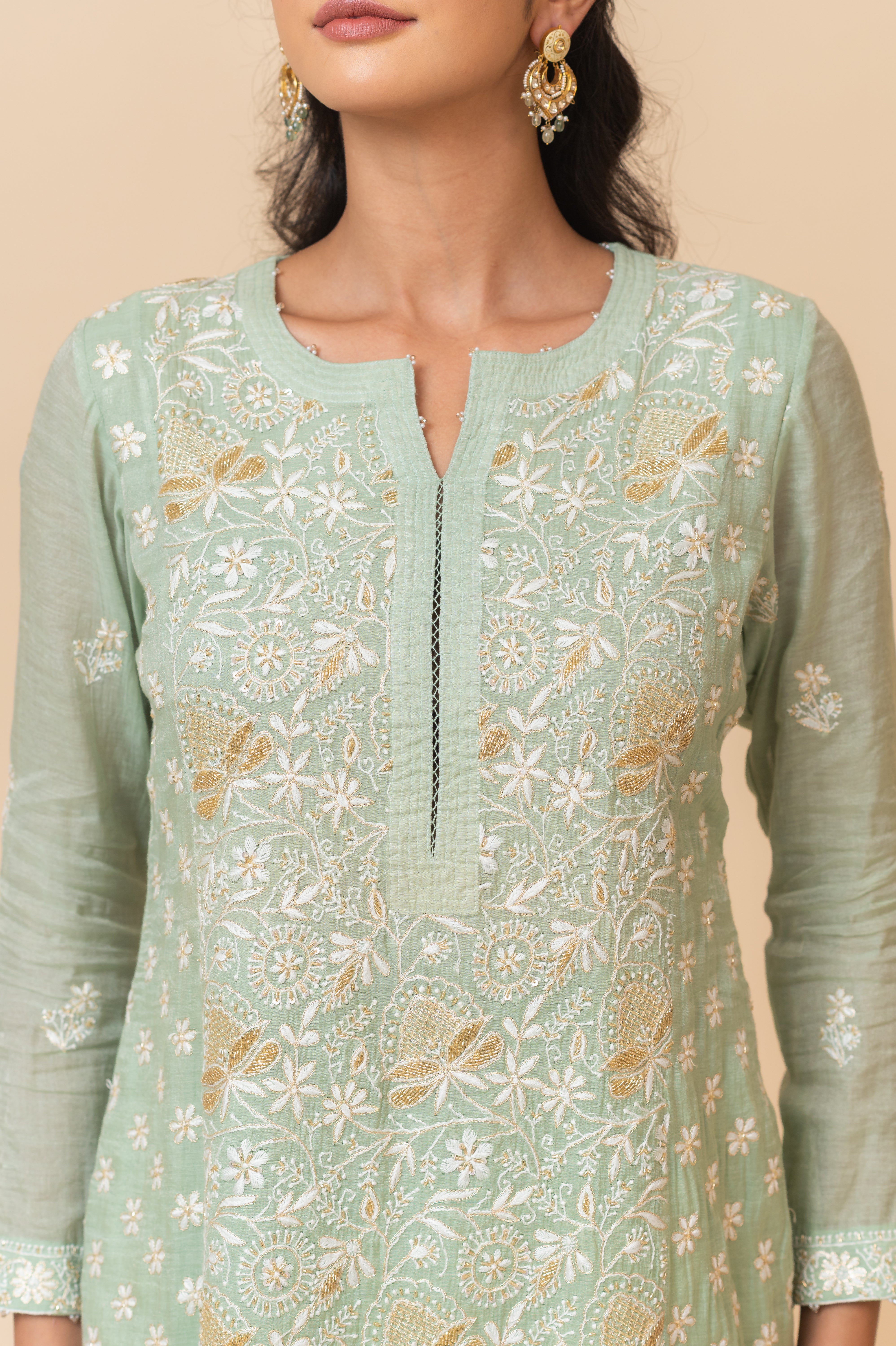 Chikankari Tissue Straight Suit Set - Sage Green