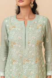Chikankari Tissue Straight Suit Set - Sage Green