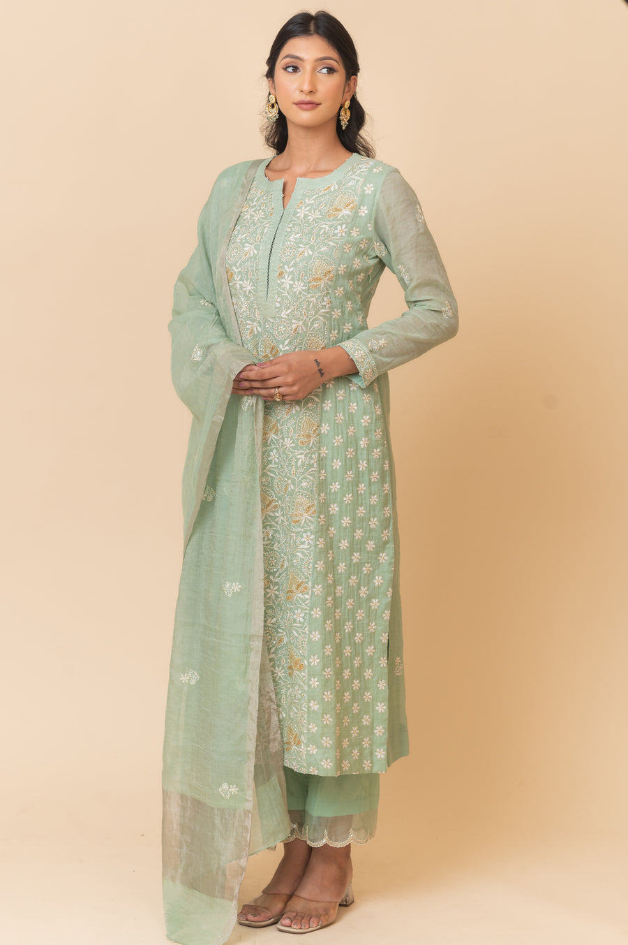 Chikankari Tissue Straight Suit Set - Sage Green