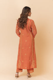 Chikankari A-Line Tissue Suit Set - Burnt Orange