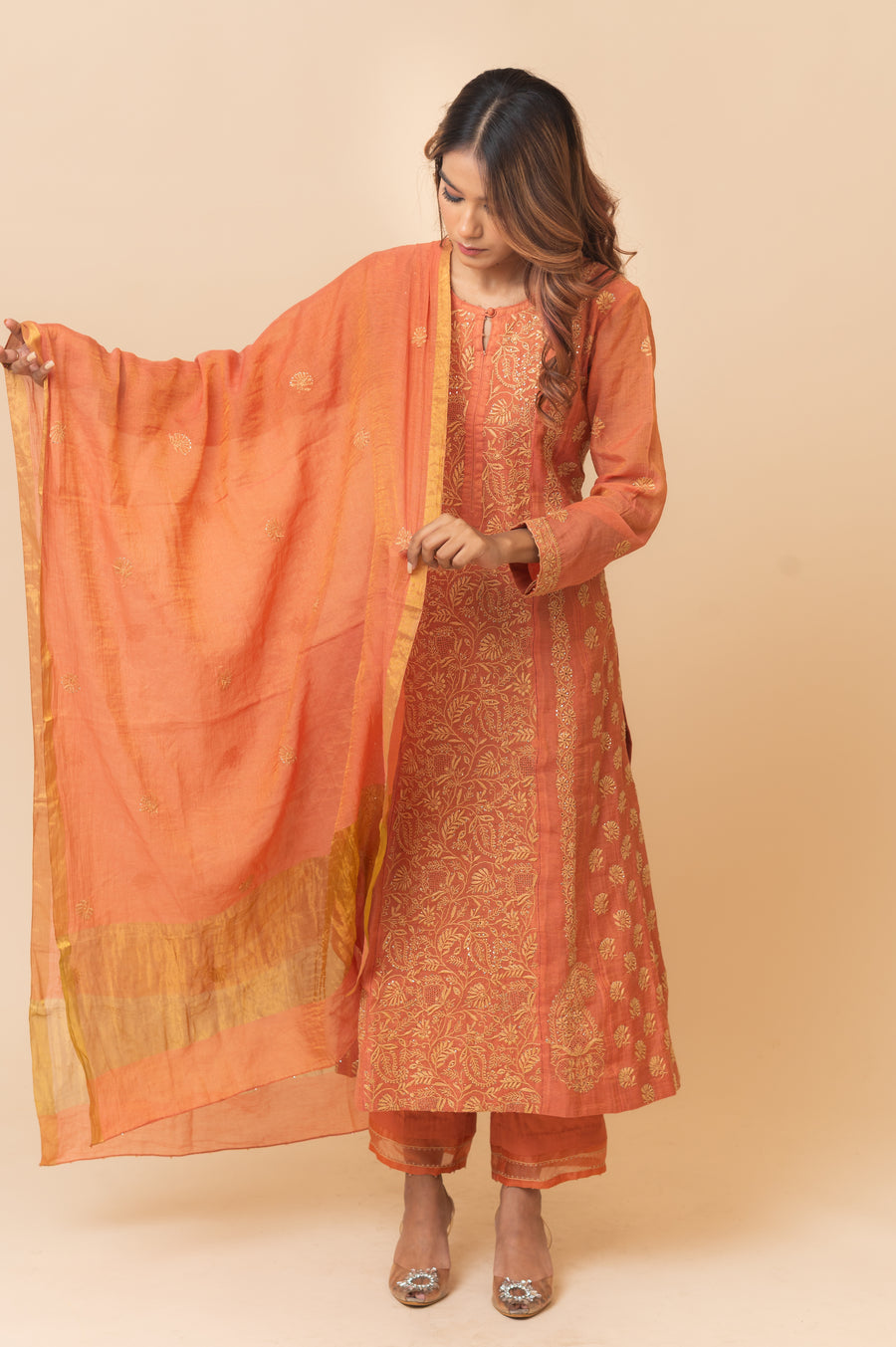 Chikankari A-Line Tissue Suit Set - Burnt Orange