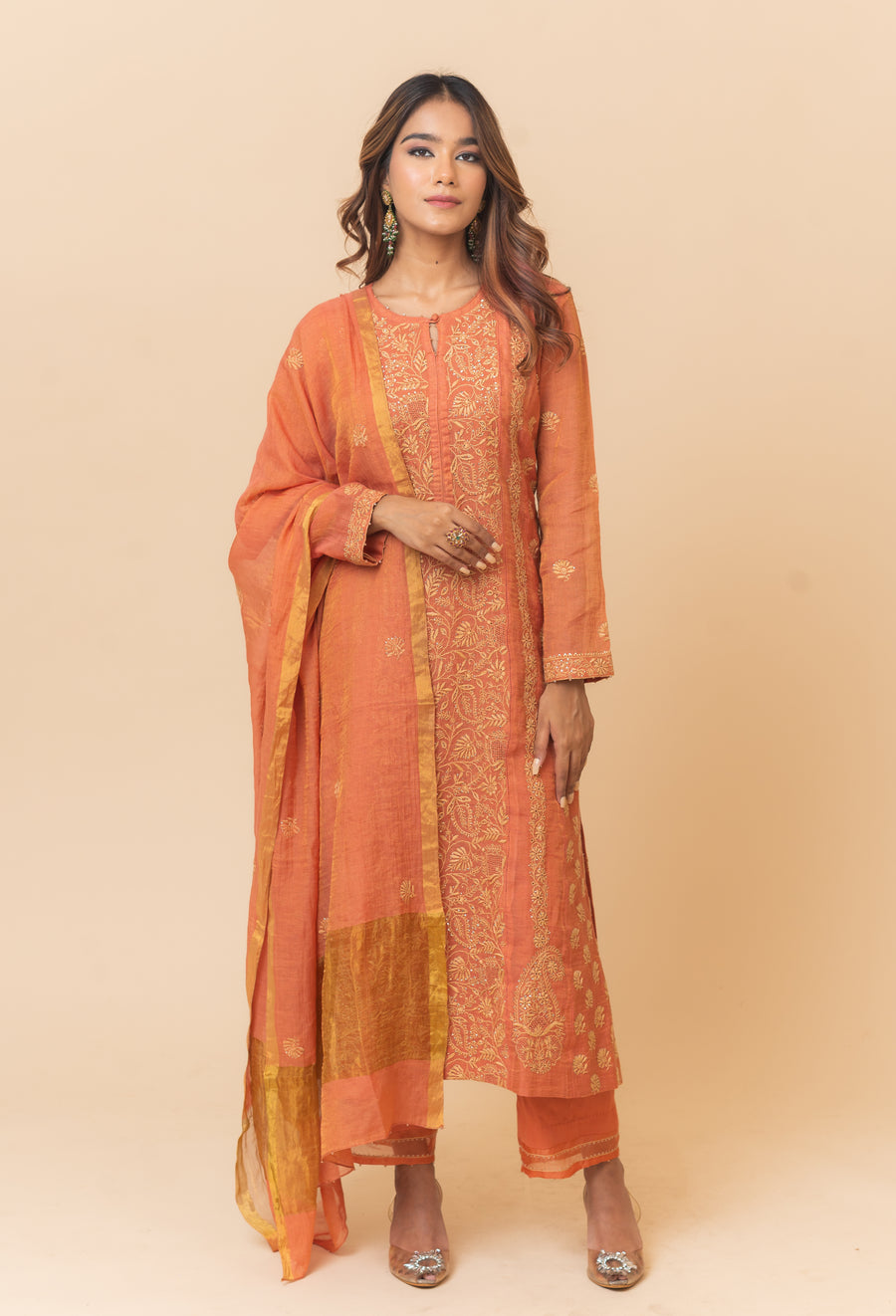 Chikankari A-Line Tissue Suit Set - Burnt Orange
