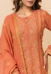 Chikankari A-Line Tissue Suit Set - Burnt Orange