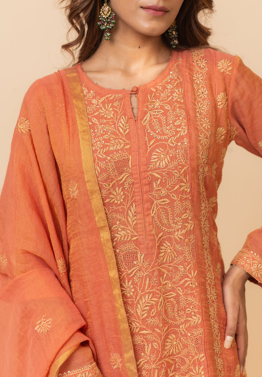 Chikankari A-Line Tissue Suit Set - Burnt Orange