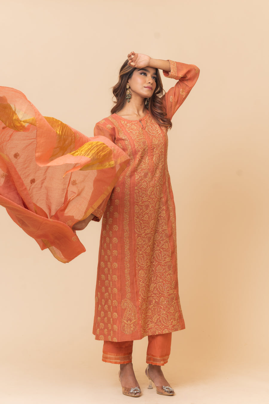 Chikankari A-Line Tissue Suit Set - Burnt Orange