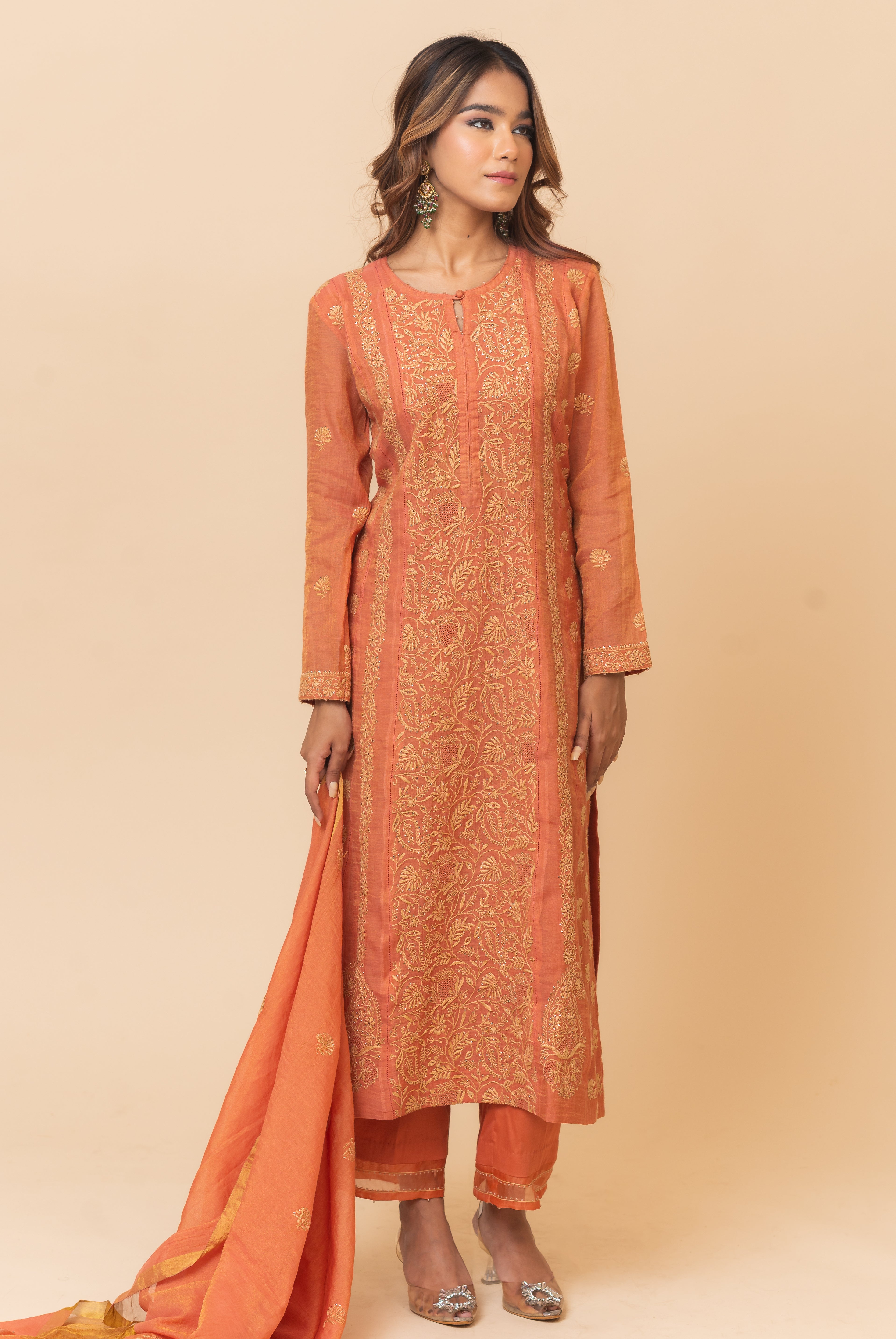 Chikankari A-Line Tissue Suit Set - Burnt Orange
