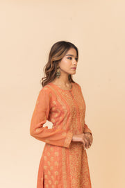 Chikankari A-Line Tissue Suit Set - Burnt Orange