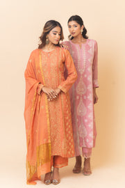 Chikankari A-Line Tissue Suit Set - Burnt Orange